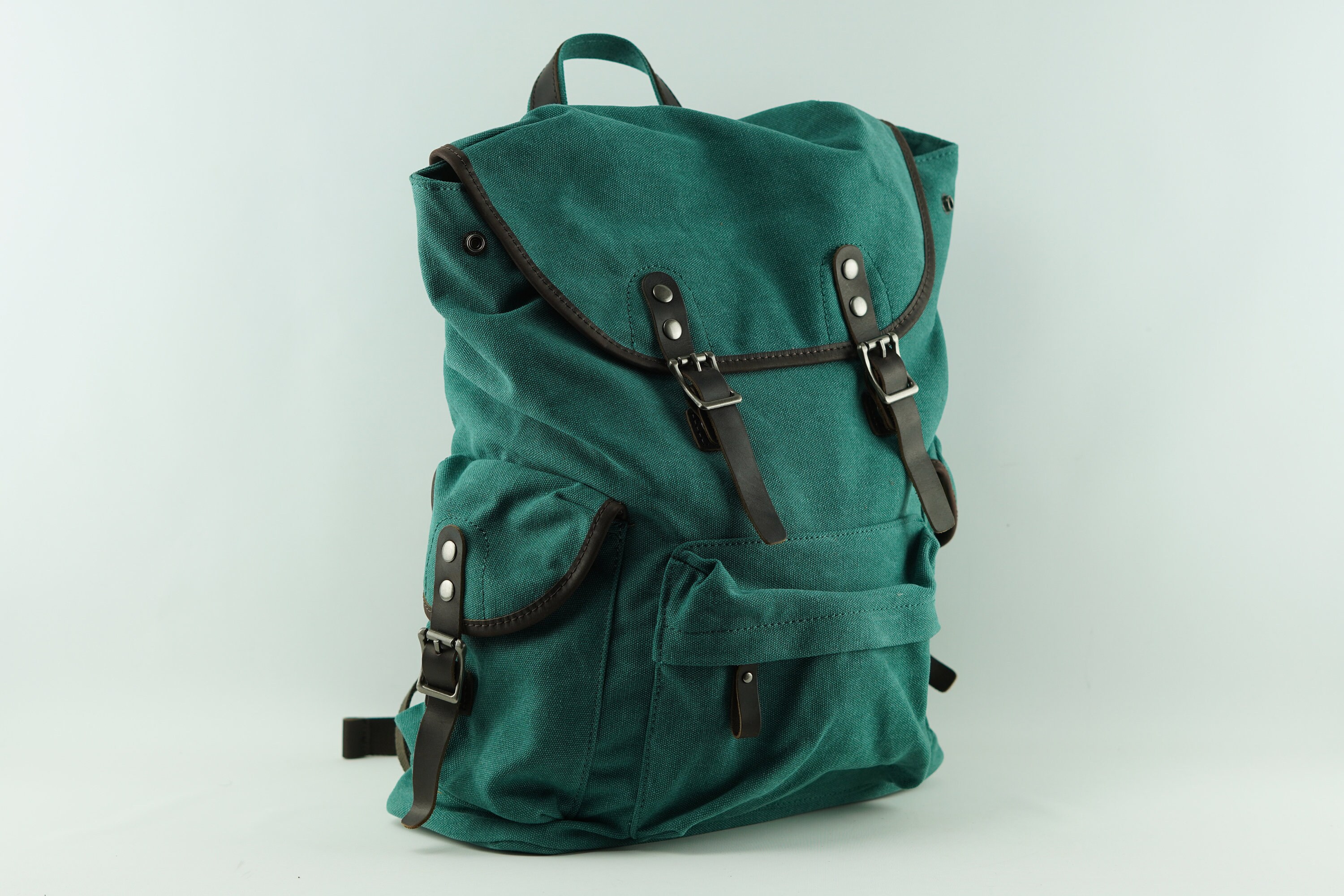 Stylish Teal Canvas Backpack with Brown Leather Trim. Bovine Leather Backpack - Turquoise – Modern Rugged Leather main image 2