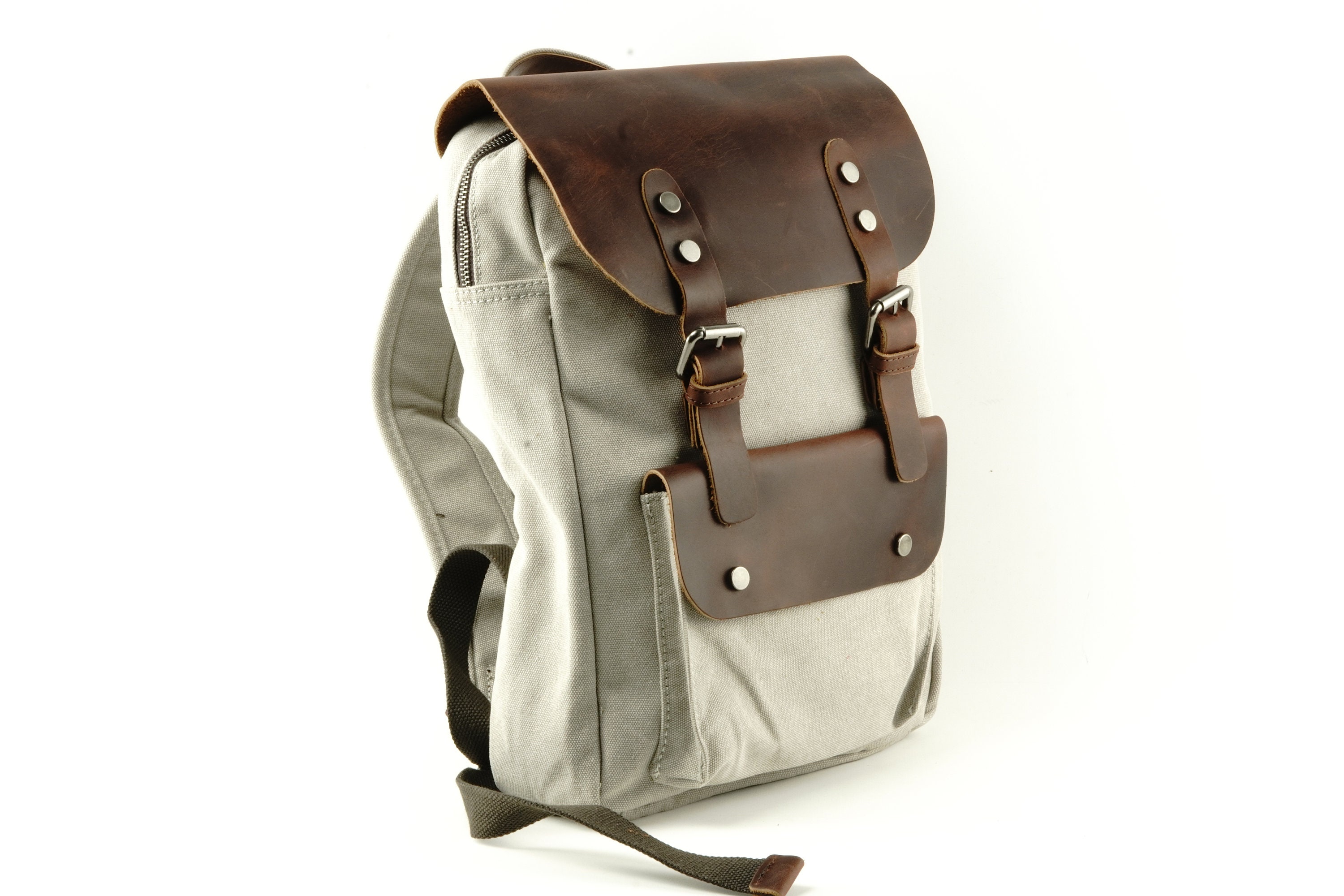 United Leather New York Cotton Canvas CowhideLeather UNISEX Backpack Taupe NWOT Small Canvas Leather Backpack With Two Exterior Pockets - Etsy main image 2