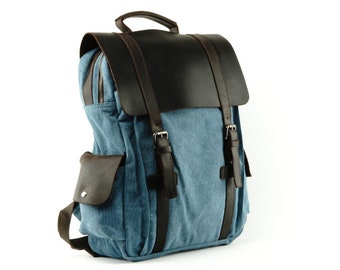 Large Canvas Backpack with Smooth One-Piece dark Leather Flap