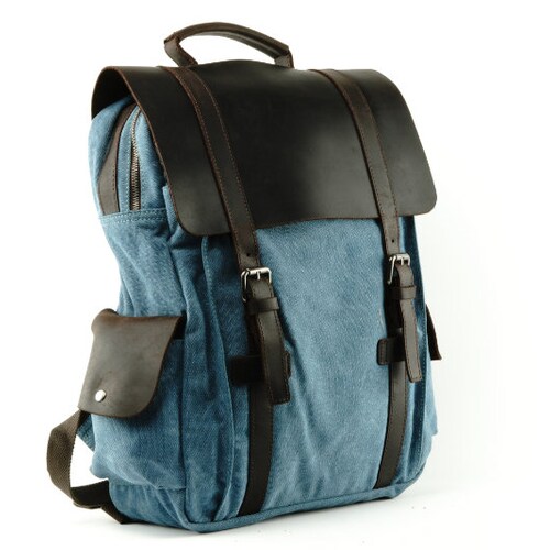 Large Canvas Backpack With Smooth Onepiece Dark Leather Flap Etsy