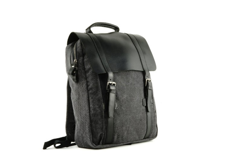Medium Canvas Backpack with Smooth one-piece Leather Flap