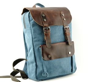 Small Canvas Leather Backpack with Two Exterior Pockets
