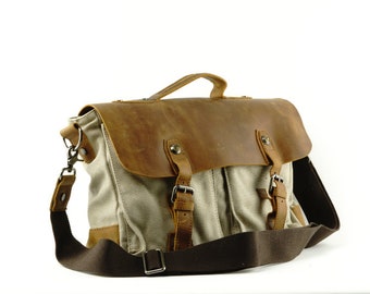 Canvas Shoulder Bag with Light One-Piece Leather Flap, Fits 18 Inch Laptops