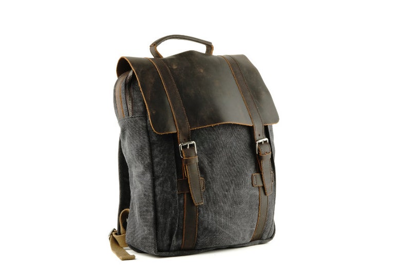 Medium Canvas Backpack with Smooth one-piece Leather Flap