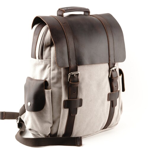 Large Canvas Backpack With Smooth Onepiece Dark Leather Flap Etsy