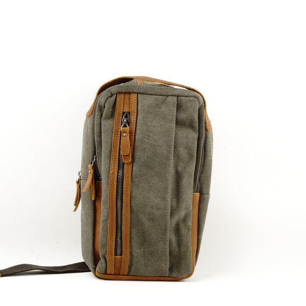 Canvas Sling Bag with Leather Trim, Wear over shoulder across the front or back.