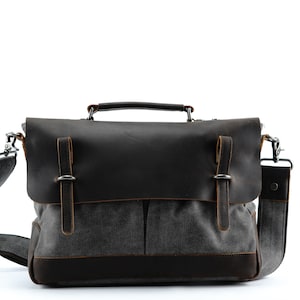 Canvas Messenger Bag with Leather Flap and Pullover Close