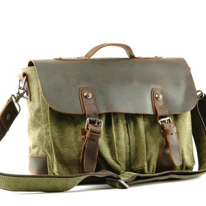 Canvas Messenger Bag with Dark One-Piece Leather Flap and Laptop Sleeve, Briefcase Style