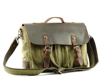 Canvas Messenger Bag with Dark One-Piece Leather Flap and Laptop Sleeve, Briefcase Style