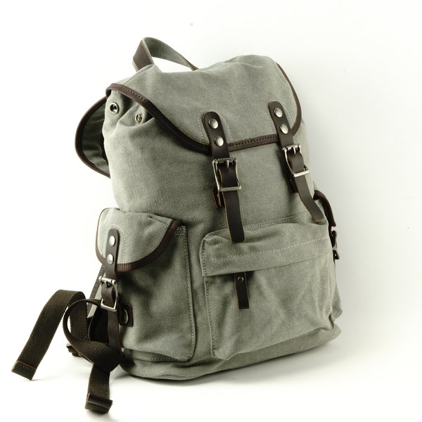 Small Canvas Backpack with Genuine Leather Trim, Fits 15" Laptop