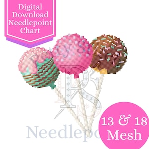 May include: Digital download needlepoint chart featuring three pixelated cake pops on sticks. The cake pops are pink, brown, and teal with various sprinkles and patterns. The image includes text that says "Digital Download Needlepoint Chart" and "13 & 18 Mesh."