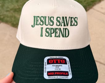 Jesus Saves I Spend Hat | Embroidered Trucker Hat | Christian Hat | Faith-Based Apparel | Funny Christian Gift