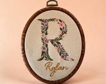 Personalized Floral Embroidery Hoop – Custom Initial & Name | Rustic Wall Decor | Baby Name Sign | Handmade Botanical Monogram