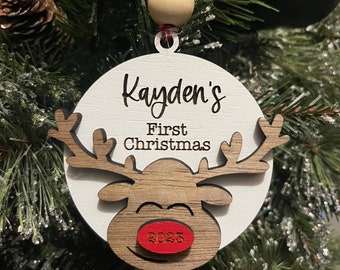 Layered Wood Reindeer Ornament – Baby’s First Christmas, Customizable Year