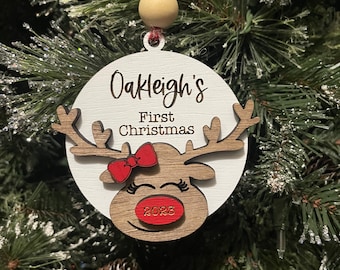Baby's First Christmas Reindeer Ornament – Personalized Year, Girl Bow Detail