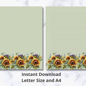 May include: Two sheets of stationery with a light green background and a watercolor sunflower border. One sheet is blank, the other has horizontal lines. Text at the bottom reads "Instant Download Letter Size and A4".