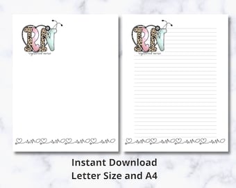 May include: Printable stationery featuring a pink and blue "RN" with a stethoscope and leopard print design. The text "Registered Nurse" is below the letters. The bottom of the page has a repeating heart and line design.