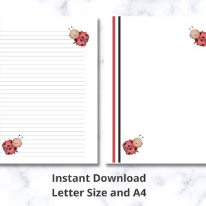 May include: Two white letter-size sheets of paper, one lined and one blank, with a red and black vertical stripe on the left side. Each sheet features a cartoon ladybug in the corner. The text "Instant Download Letter Size and A4" is at the bottom.