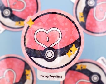 Poké Love Ball Vinyl Holographic Hearts And Flowers Sticker | Pocket Monsters Cute Gamer Sticker | 3 in Glossy Easy Peel Tab Sticker