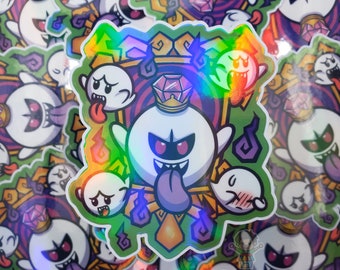 The King Of Boo Vinyl Rainbow Holographic Sticker | Super Bros Haunted Mansion Gamer Halloween Ghost Sticker | 3in Glossy Easy Peel Sticker