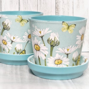 LOVELY DAISIES Decoupage 5" Cabo Pot-Saucer-Set | Modern Style Rimless Plant Pot | Sleek Straight Sided Planter | Small Indoor Plant Pot
