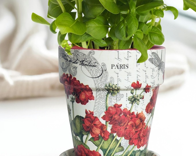 Featured listing image: GERANIUM DRAGONFLY Tall Pot and Saucer | 4-Inch Diameter Clay Planter | Decoupaged, Painted, Sealed