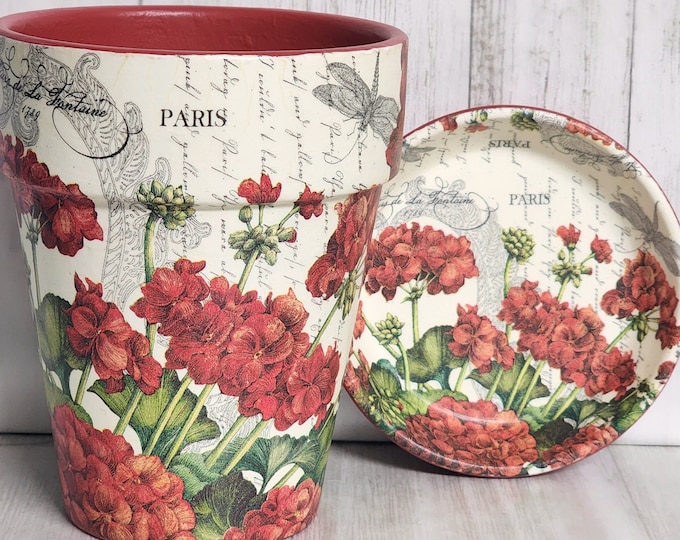 Featured listing image: GERANIUM and DRAGONFLY Decoupage Tall Pot and Matching Saucer | 4-Inch Diameter Traditional-Style Tall Planter | Perfect for Kitchen Herbs
