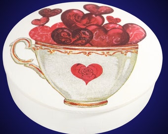 CUPPA LUV Decoupage Round Box | 5-Inch Diameter Wood Box with Removable Lid | Unique Valentine Decor or Gift