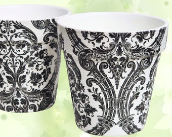 Black & White Filigree - DECOUPAGE 4" CLAY POT | Non Draining for Macrame Hangers | Unique Gift for Indoor Gardener | Kitchen Herb Pot