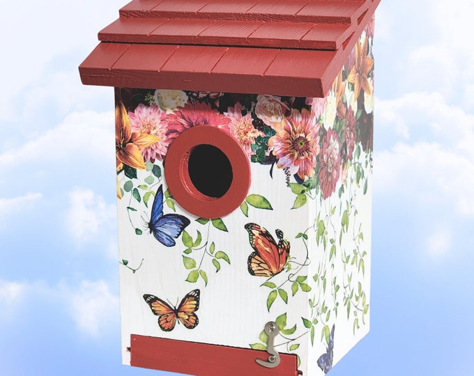 Featured listing image: BUTTERFLY FLORAL MELODY Decoupage Woodshed-Style Birdhouse | Upcycled Wood Birdhouse | Open Slide Bottom for Cleaning