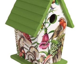 MUSHROOMS -n- MOSS Decorative Wood Birdhouse | 8.5-Inch Tall | Hand-Decoupaged and Hand-Painted | Indoor Cottage Decor