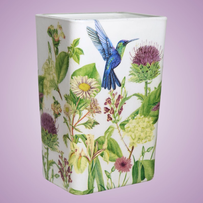 THISTLE and HUMMINGBIRD Decoupage Rectangle Glass Vase Modern Rectangle Glass Vase Unique Home Decor Floral Bouquet Container image 4