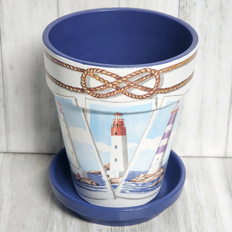 LIGHTHOUSES Tall Decoupage Pot & Saucer Etsy