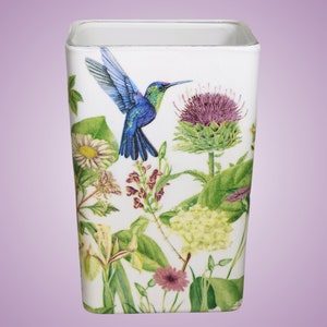 THISTLE and HUMMINGBIRD Decoupage Rectangle Glass Vase Modern Rectangle Glass Vase Unique Home Decor Floral Bouquet Container image 2