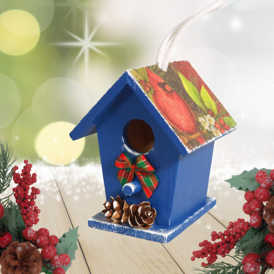 WINTER CARDINAL on BLUE Decoupage 3inch Birdhouse Ornament Loop Cord