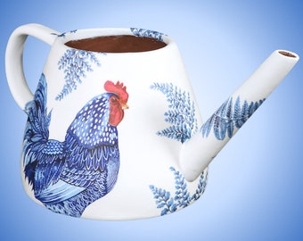 BLUE CHICKENS Decoupage Stoneware Watering Pot | Modern-Shape Hefty Stoneware Pot | 1-Quart Small Capacity | Decorative and Functional