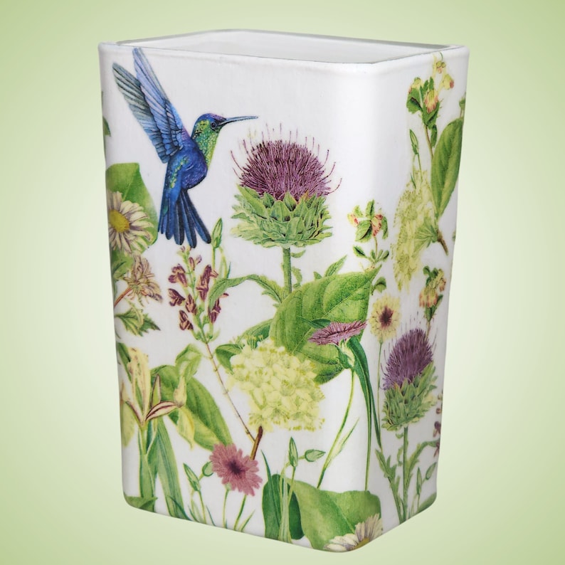 THISTLE and HUMMINGBIRD Decoupage Rectangle Glass Vase Modern Rectangle Glass Vase Unique Home Decor Floral Bouquet Container image 3