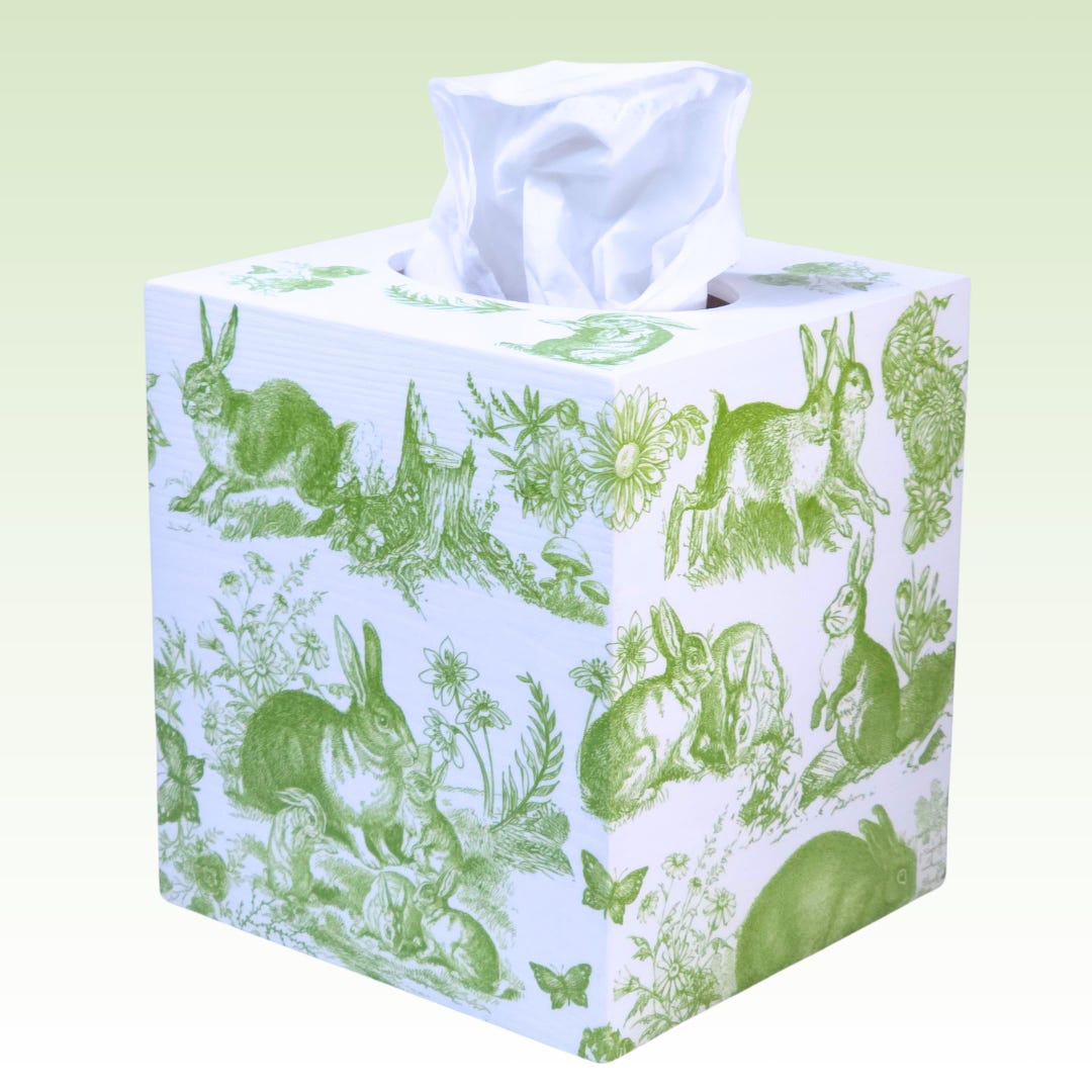 A Rabbit Tissue GREEN TOILE RABBITS Wood Tissue Box Cover | Decoupaged and Painted ...