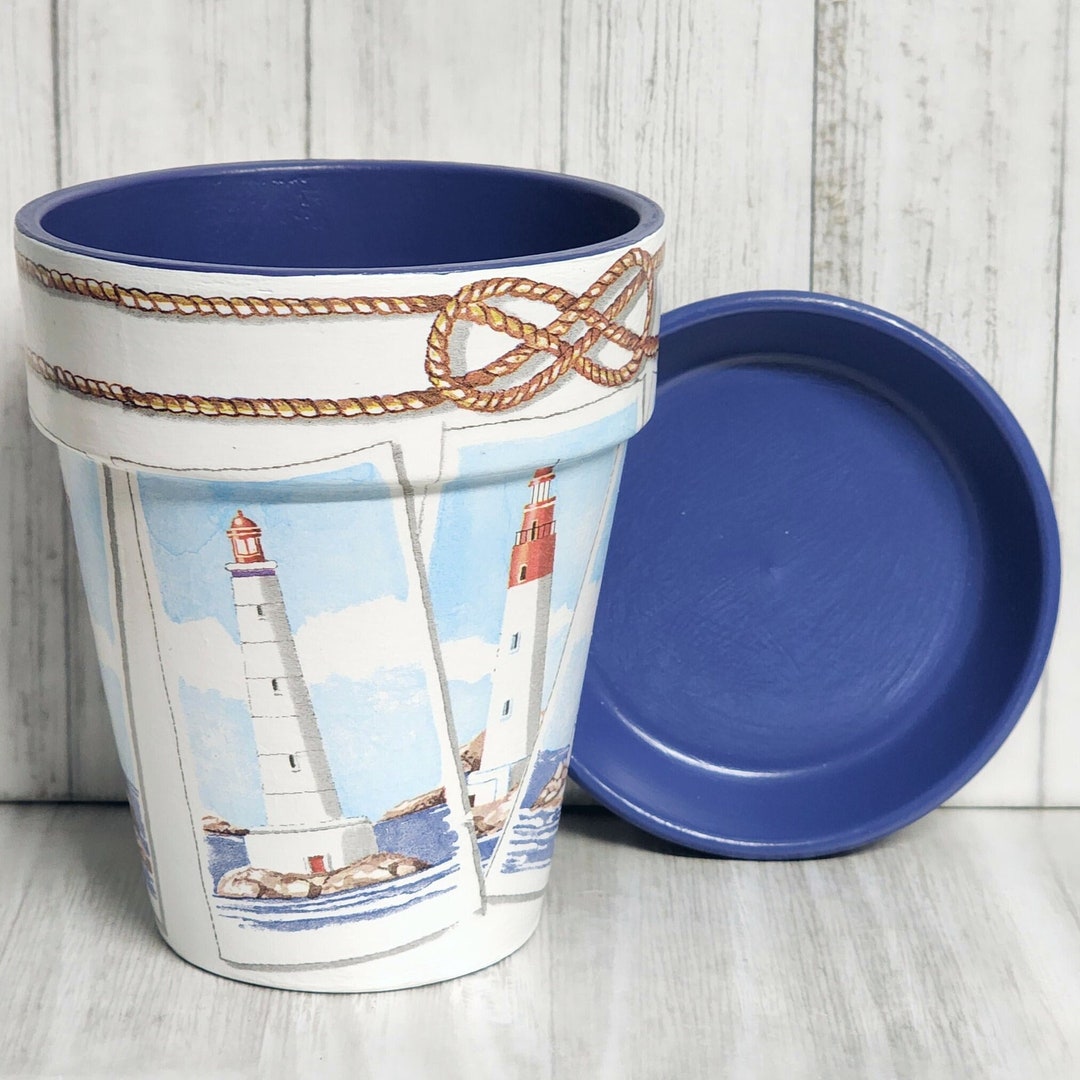 LIGHTHOUSES Tall Decoupage Pot & Saucer Etsy