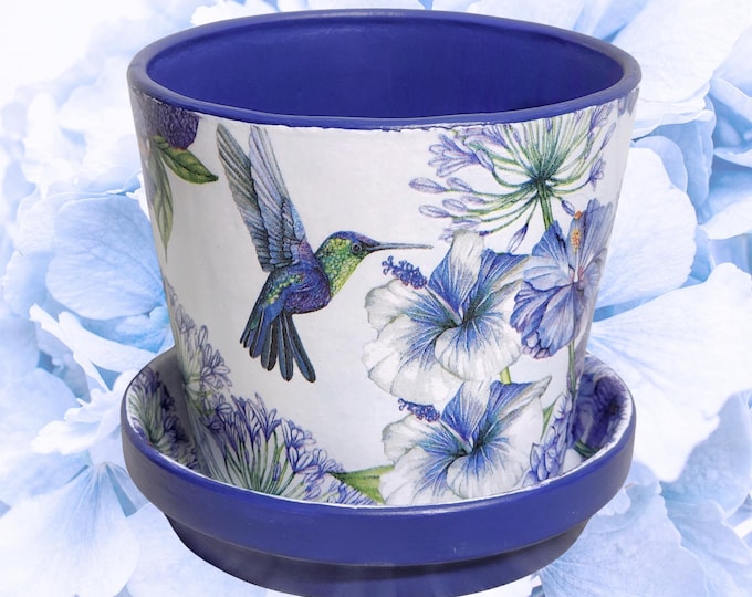 Featured listing image: BLUE HUMMINGBIRD Decoupage 5-Inch Cabo Pot-Saucer-Set | Modern Style Rimless Pot | Sleek Straight Side Planter | Small Indoor Plant Pot