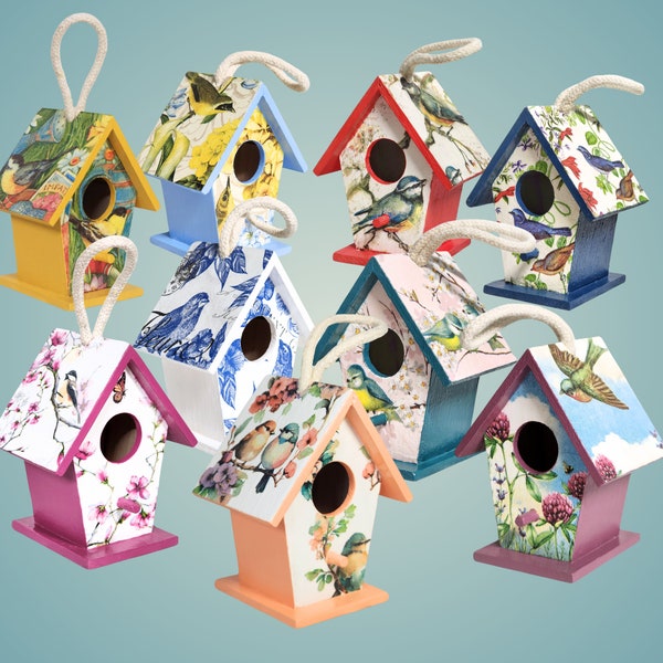 Decoupage Small Decorative Wood Birdhouse | 4-Inch-Tall Hanging Birdhouse | Accent Decor for Bird Lovers