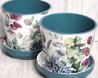 EUCALYPTUS COLORÉ 5" Cabo decoupage avec soucoupe | Cache-pot sans rebord de style moderne | Jardinière droite élégante | Petit cache-pot d'intérieur