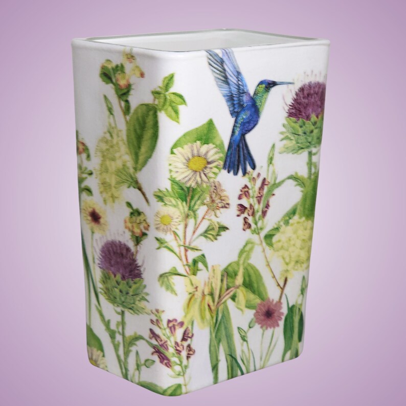 THISTLE and HUMMINGBIRD Decoupage Rectangle Glass Vase Modern Rectangle Glass Vase Unique Home Decor Floral Bouquet Container image 8