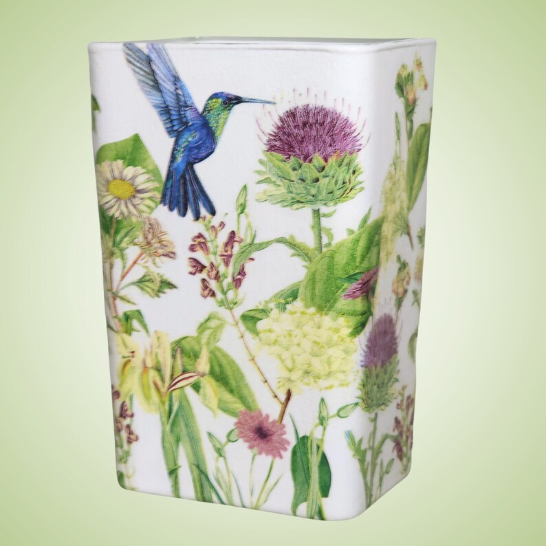 THISTLE and HUMMINGBIRD Decoupage Rectangle Glass Vase Modern Rectangle Glass Vase Unique Home Decor Floral Bouquet Container image 7