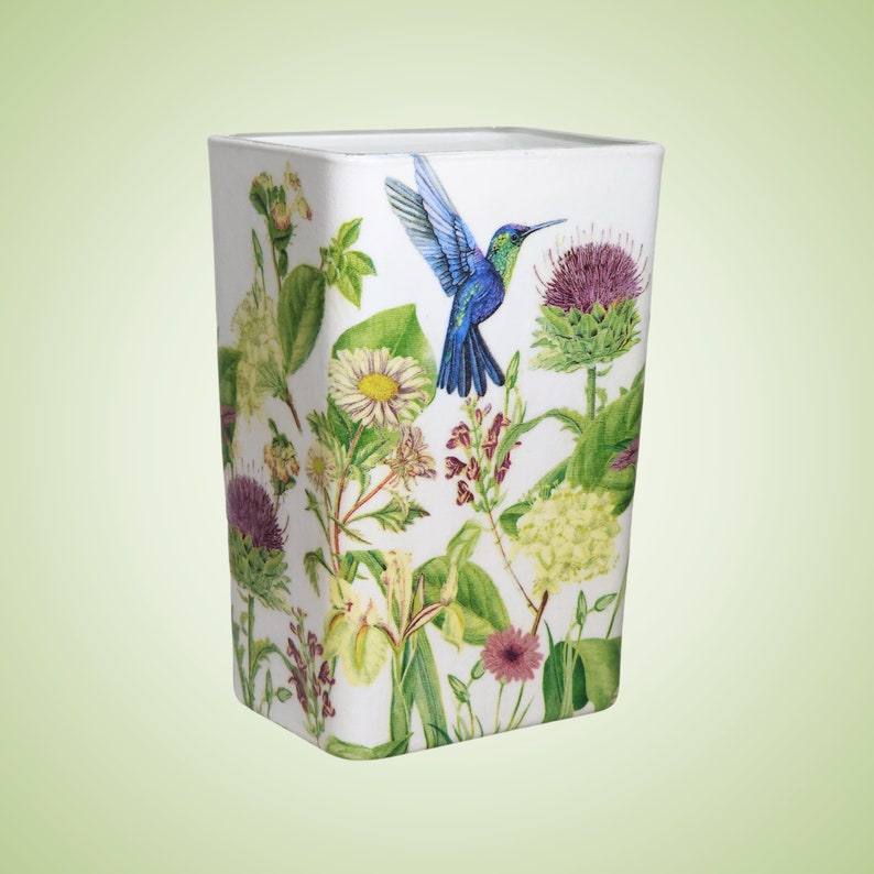 THISTLE and HUMMINGBIRD Decoupage Rectangle Glass Vase Modern Rectangle Glass Vase Unique Home Decor Floral Bouquet Container image 1