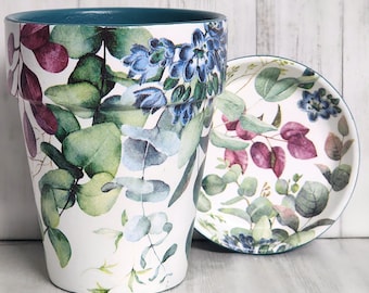 Maceta y platillo altos de eucalipto de colores / Maceta de arcilla de 10 cm de diámetro / Decoración rústica/boutique / Decoupage, pintado y sellado