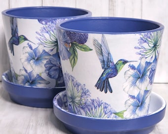 BLUE HUMMINGBIRD Decoupage 5" Cabo Pot-Saucer-Set | Modern Style Rimless Plant Pot | Sleek Straight Sided Planter | Small Indoor Plant Pot