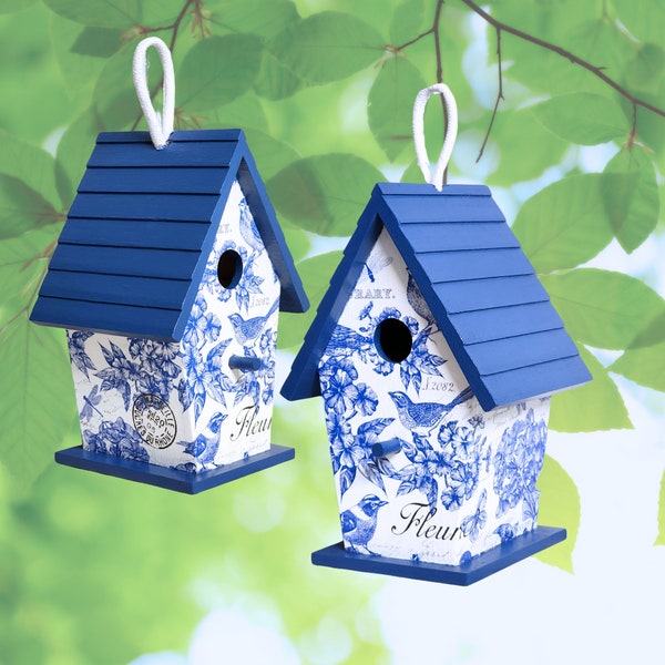 CLASSIC BLUE and WHITE Decoupaged Tall Birdhouse | 8.5-Inch-Tall Decorative Wood Birdhouse with Loop Hanger | Birdhouse Accent Decor