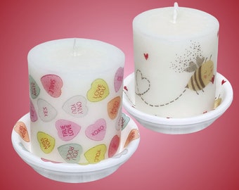 CUPPA LUV Decoupage Small Pillar Candle and Matching Tray Set | 2.5-Inch Diameter Candle with 3-Inch Tray | Unique Valentine Decor or Gift