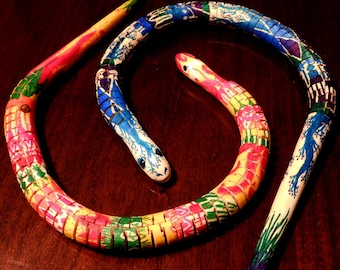 Colorful Hand Painted Wooden Snake - One of a kind - Reticulated